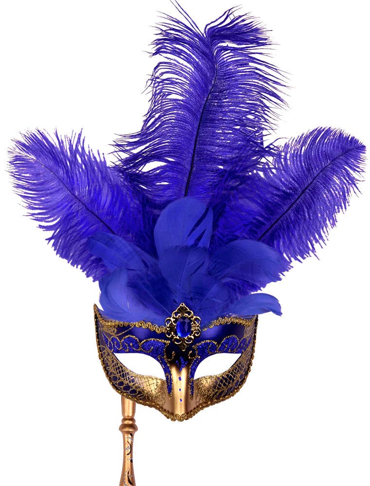 Deluxe Hand Held Blue and Gold Masquerade Mask with Tall Feathers - Alternative Image 2