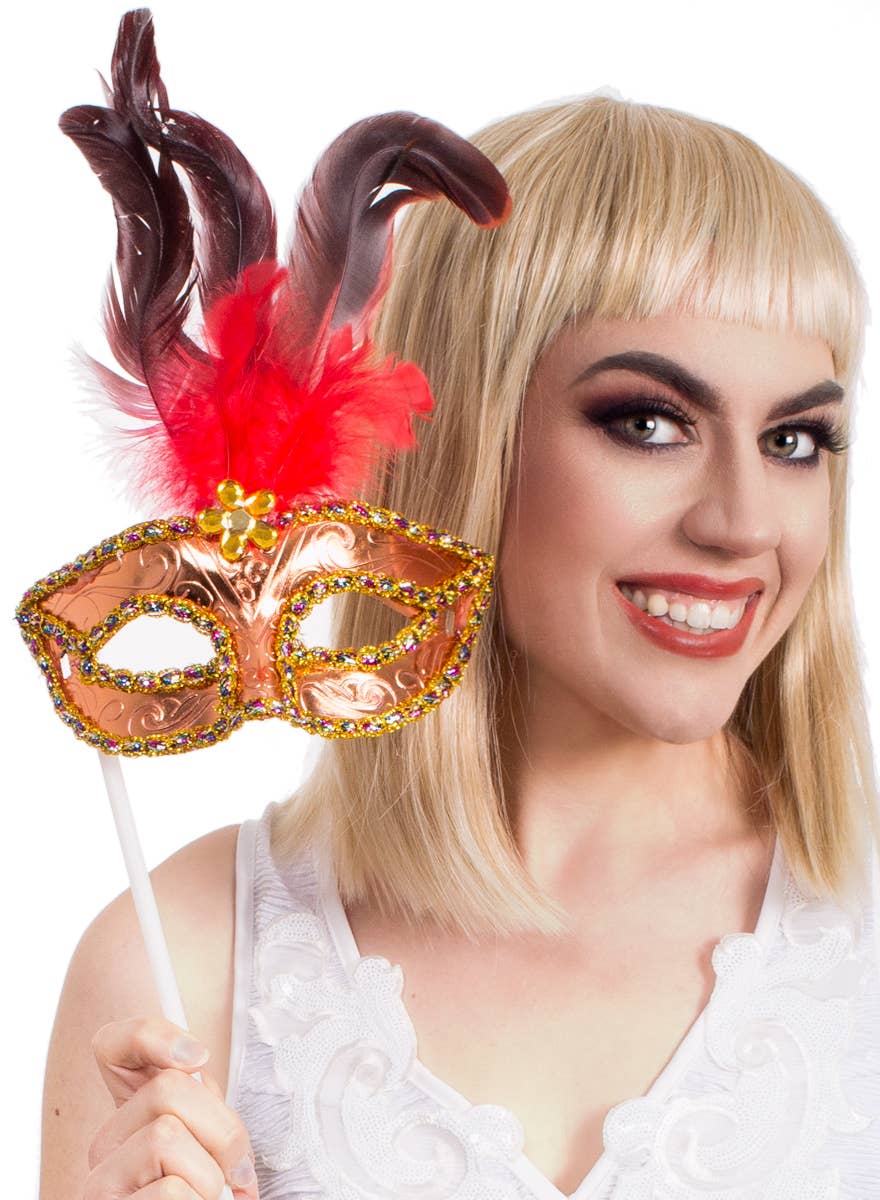 Rose Gold Mask with Red Feathers on Stick - Alternate Image