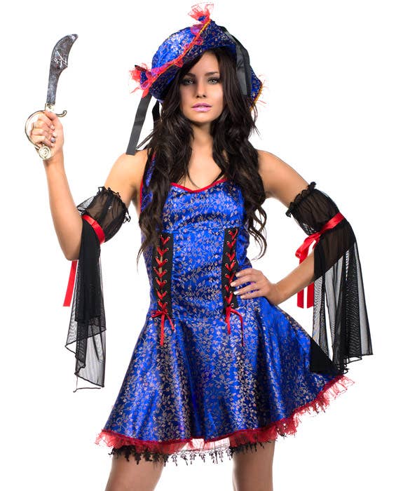 Women's Deluxe Sexy Blue Bounty Pirate Wench Fancy Dress Costume Close Front Image