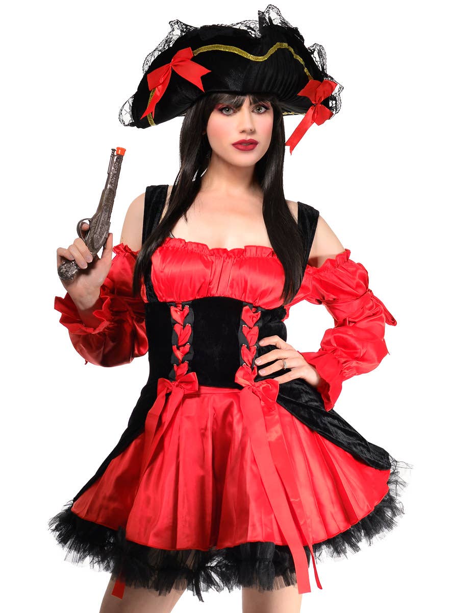 Women's Sexy Red And Black Pirate Costume Close Up Main View