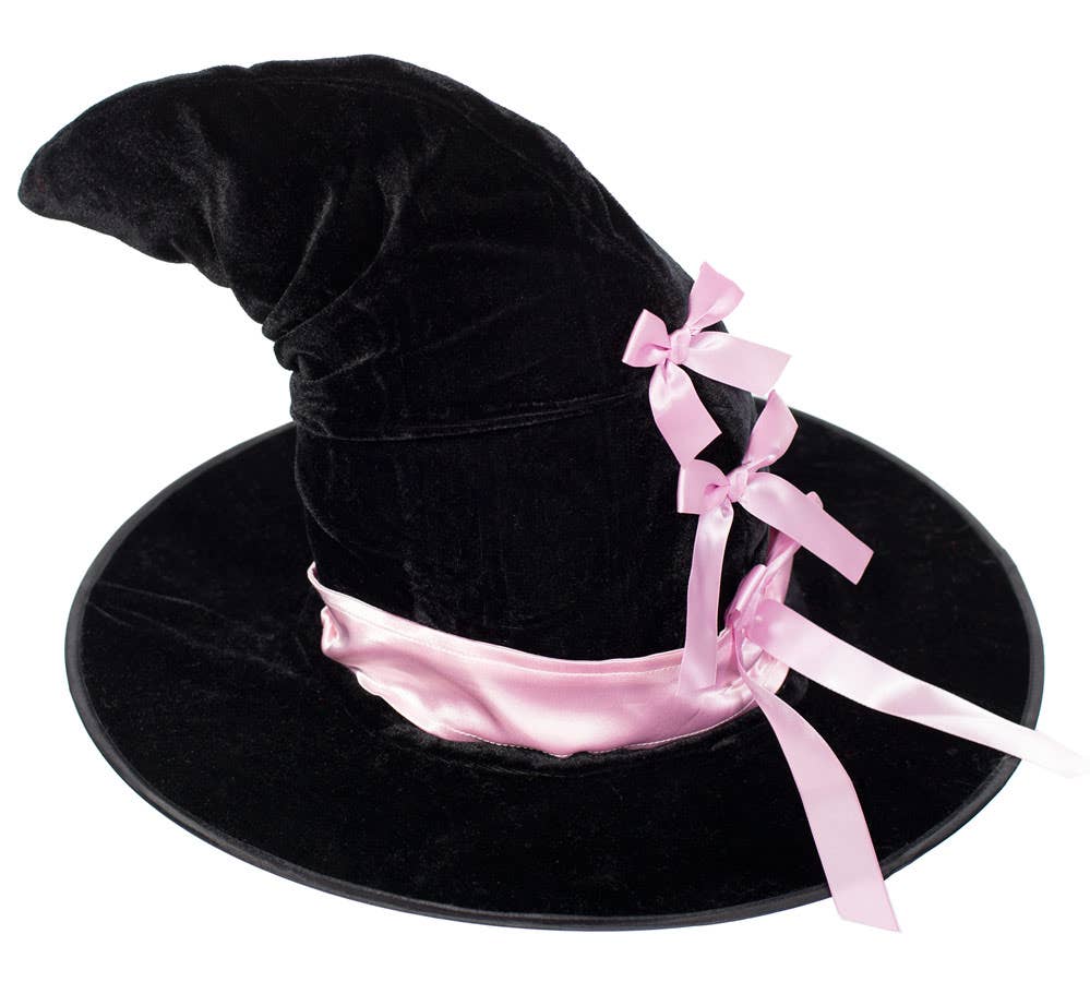 Plush Black Velvet Crooked Witch Hat with Pink Satin Bows - Alternate View