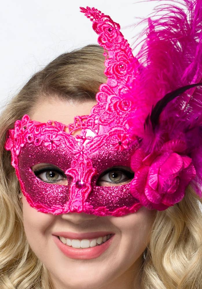 Deluxe Hot Pink Lace, Glitter and Feather Mask View 2