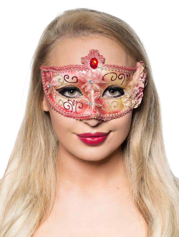 Women's Edwardian Masquerade Mask Red Genuine Elevate Costumes - Alternate Image