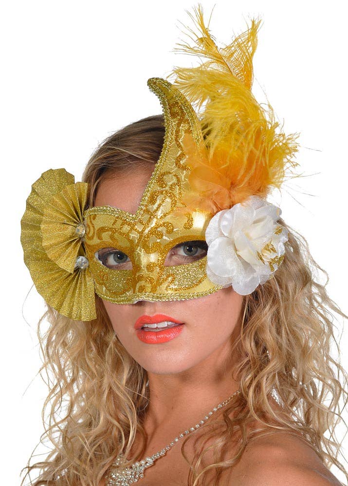 Extravagant Gold Glitter Fan Masquerade Mask with Yellow Feathers - Image 3