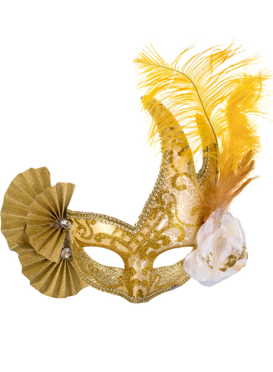 Extravagant Gold Glitter Fan Masquerade Mask with Yellow Feathers - Image 2