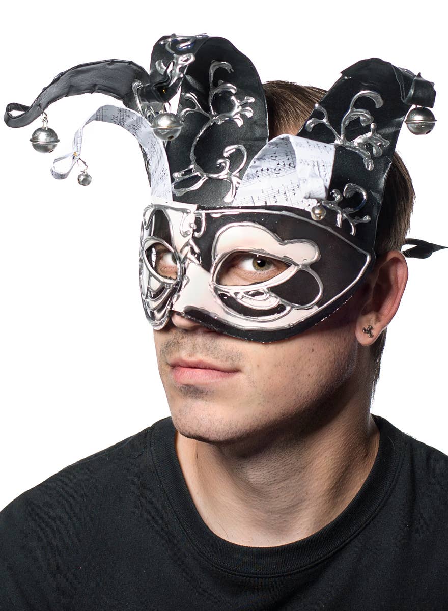 Black and White Musical Jester Masquerade Mask for Adults View 2