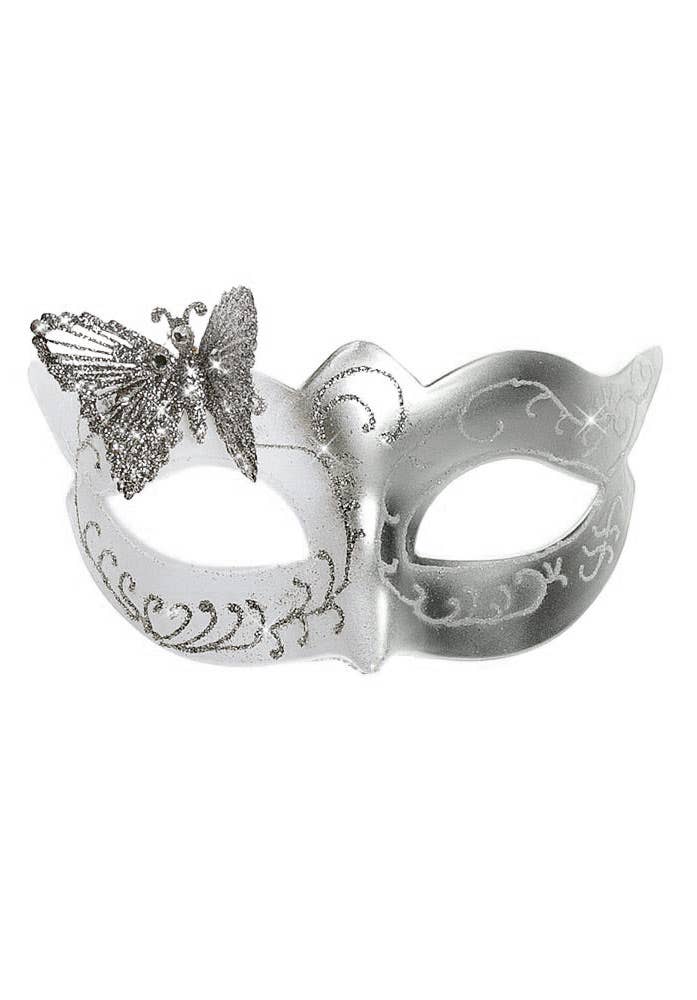 Silver And White Glitter Butterfly Masquerade Ball Mask - Face Mask Image
