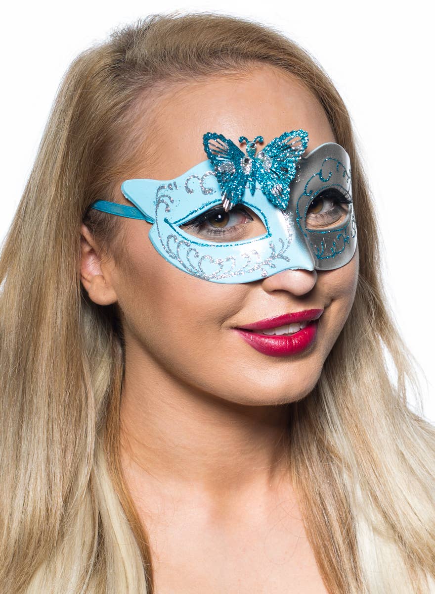 Womens Butterfly Venetian Mask in Pale Blue and Silver Genuine Elevate Costumes - Alternate Image