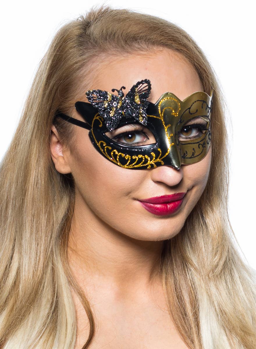 Womens Black and Gold Butterfly Masquerade Mask - Side Image