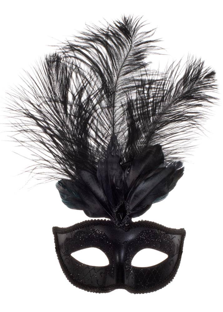 Women's Black Masquerade Mask With Black Feathers Alternative Image