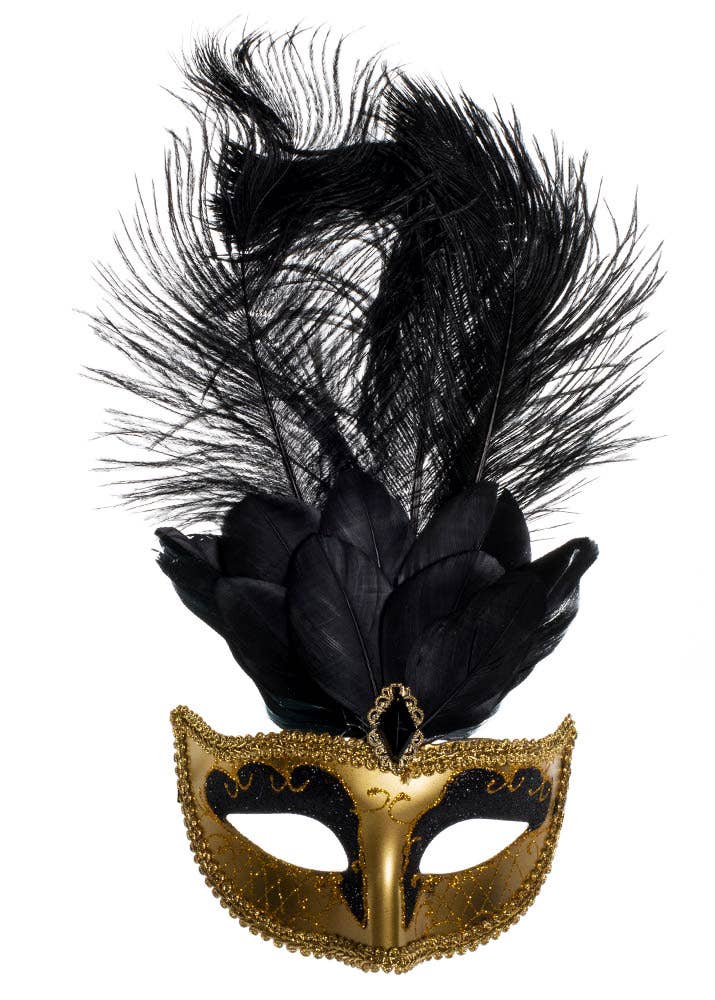 Women's Black And Gold Tall Feather Masquerade Mask Alternative