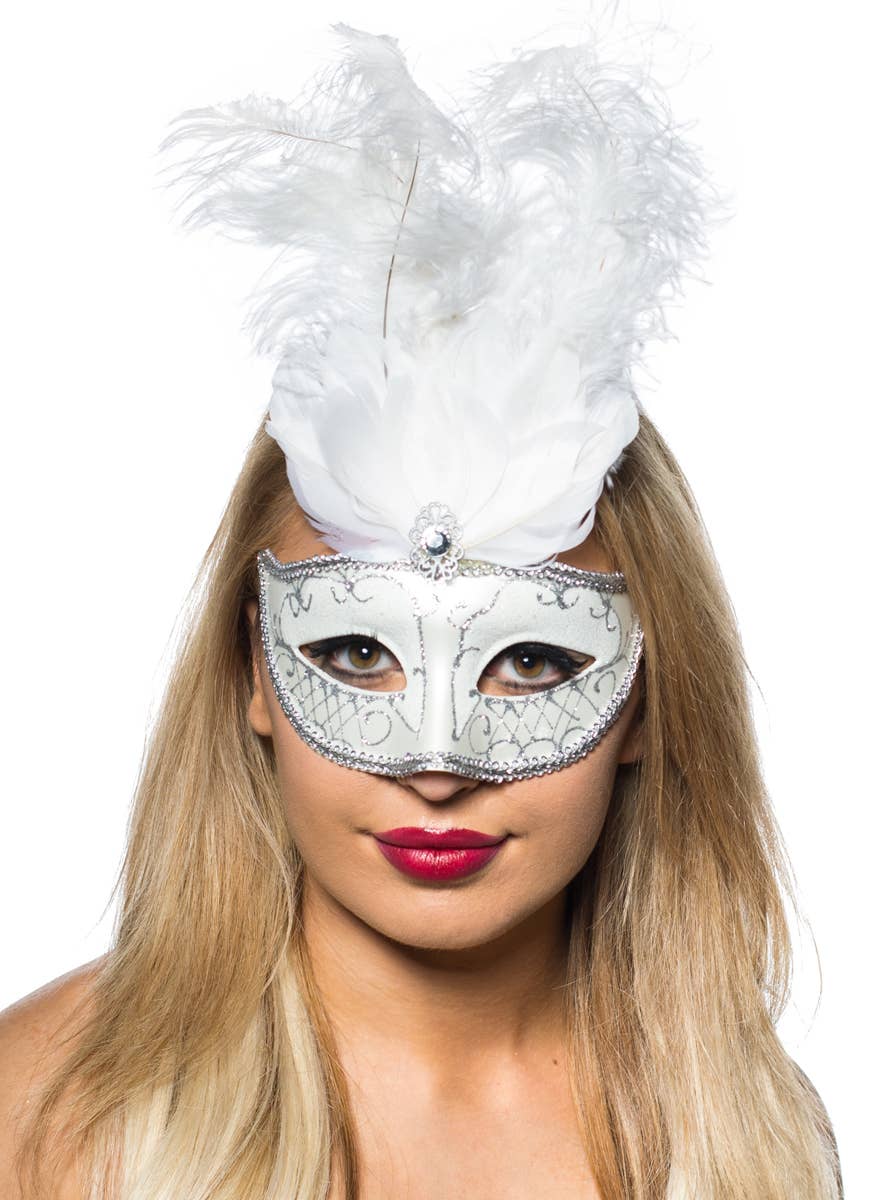 Women's White Tall Feather Masquerade Mask Main - Main Image