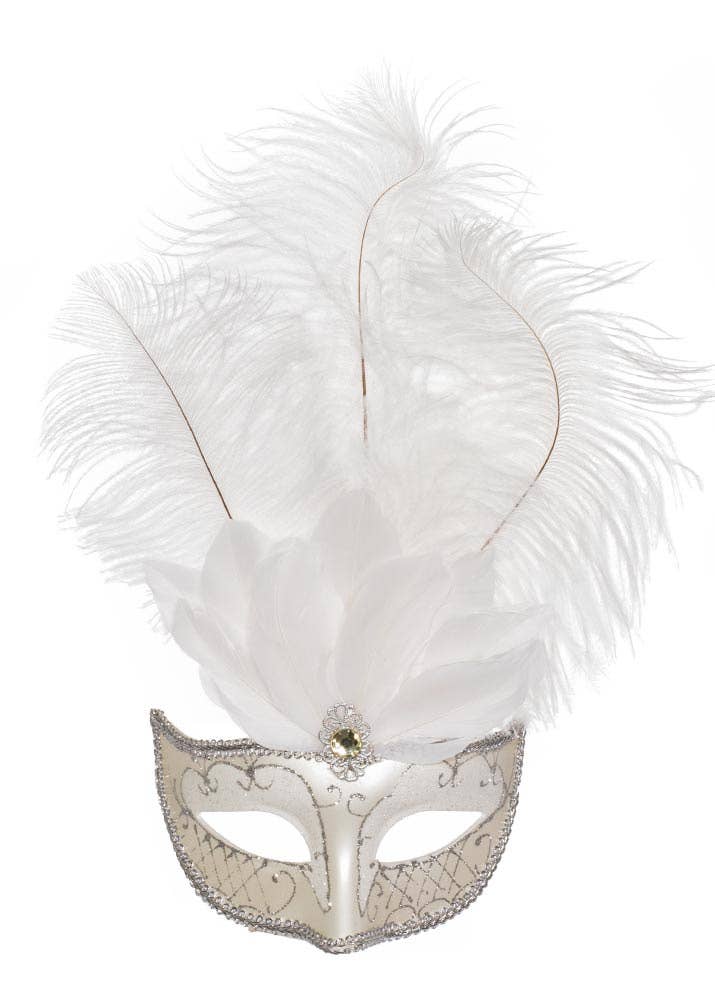 Women's White Tall Feather Masquerade Mask Close