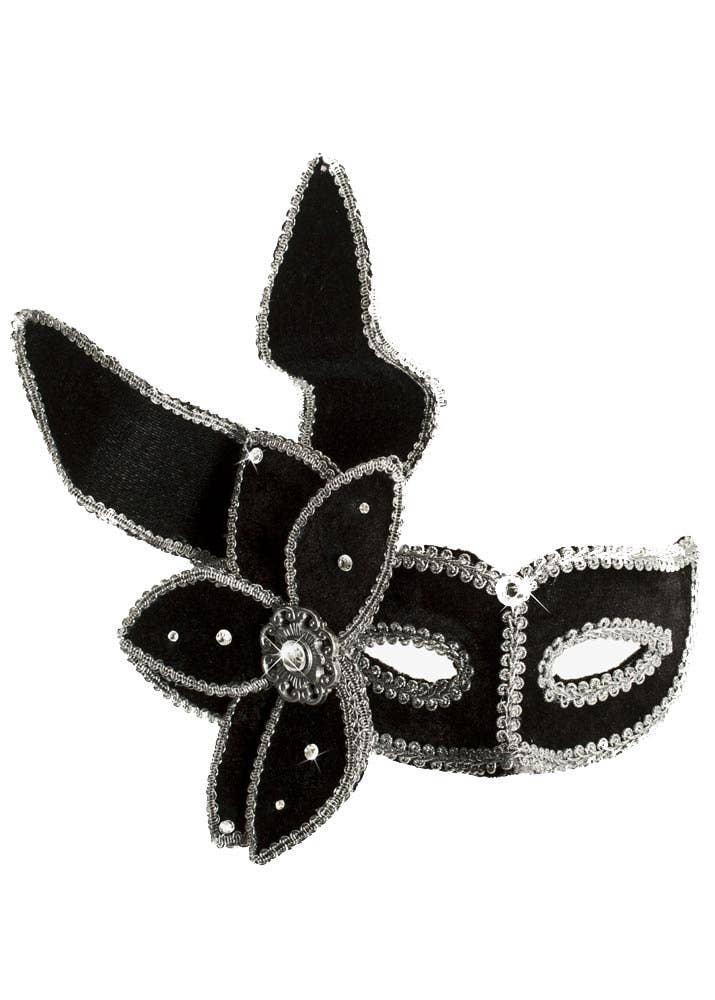 Black and Silver Elaborate Leaf Masquerade Mask - Alternative Image 1