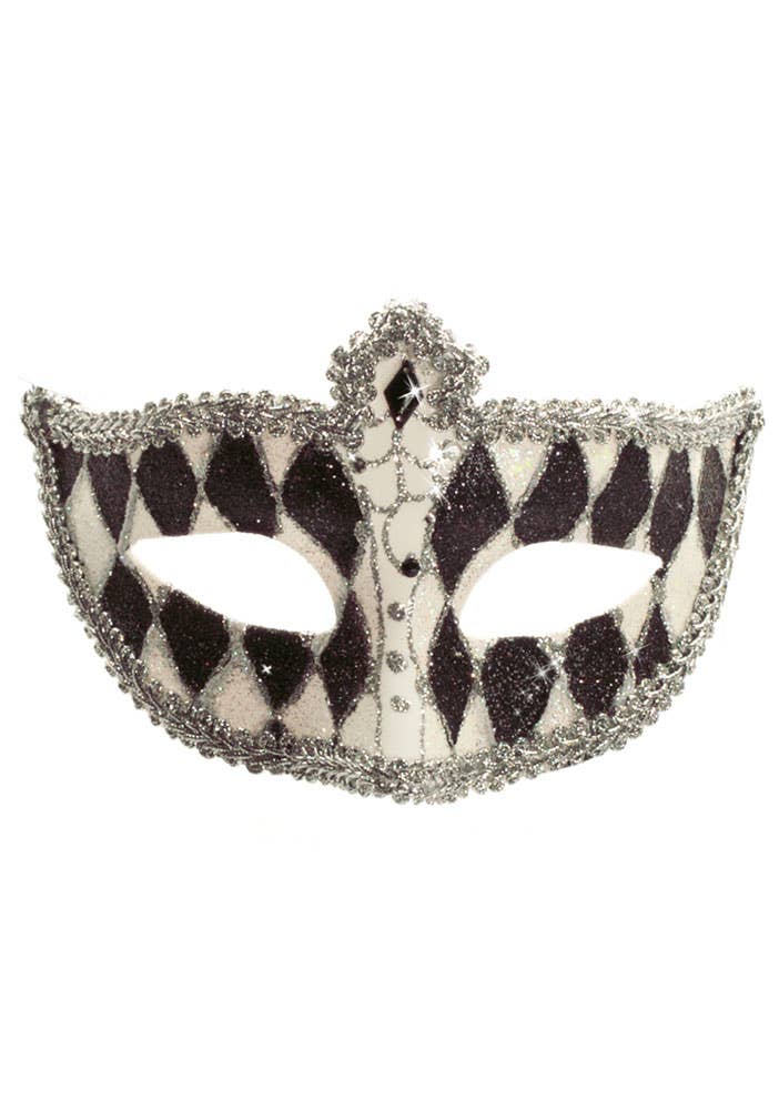 Black and White Glitter Venetian Harlequin Masquerade Mask View 2