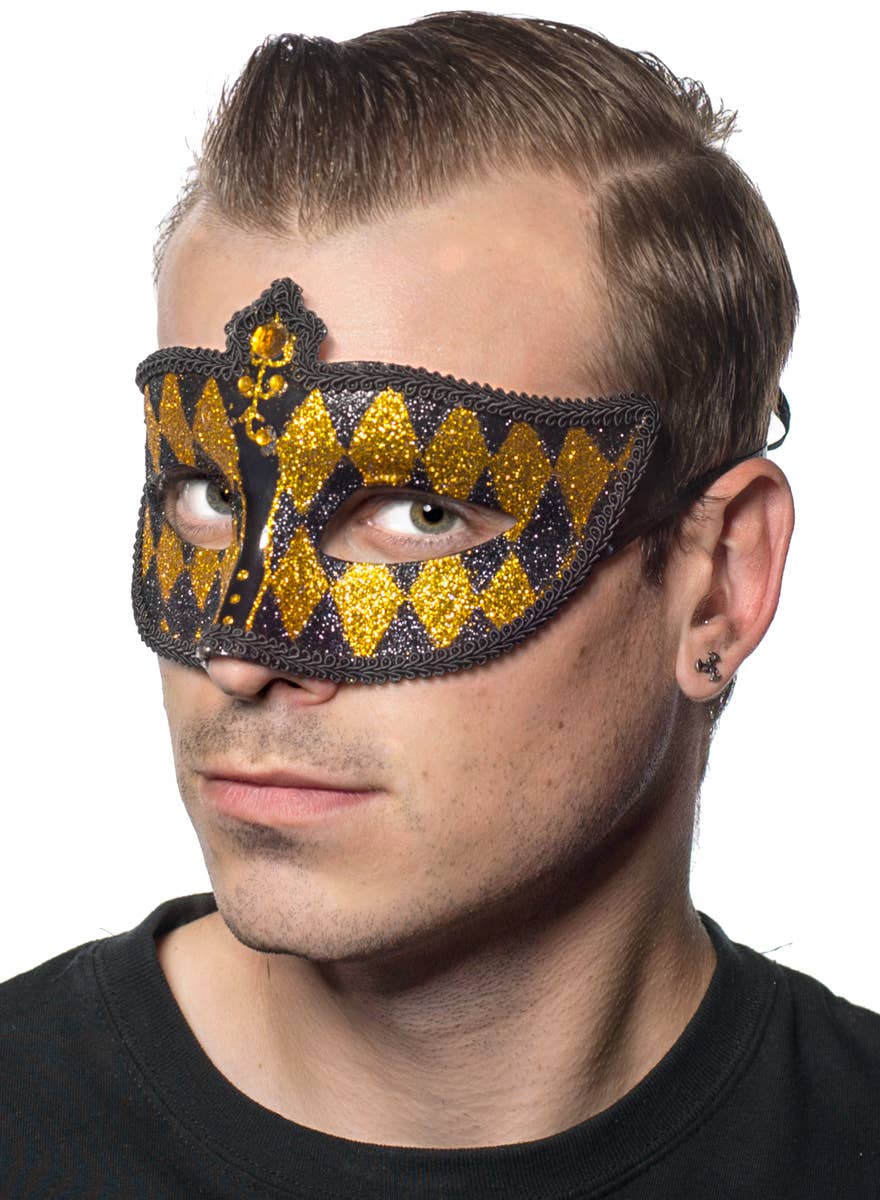 Black and Gold Glitter Venetian Harlequin Masquerade Mask - Side Image