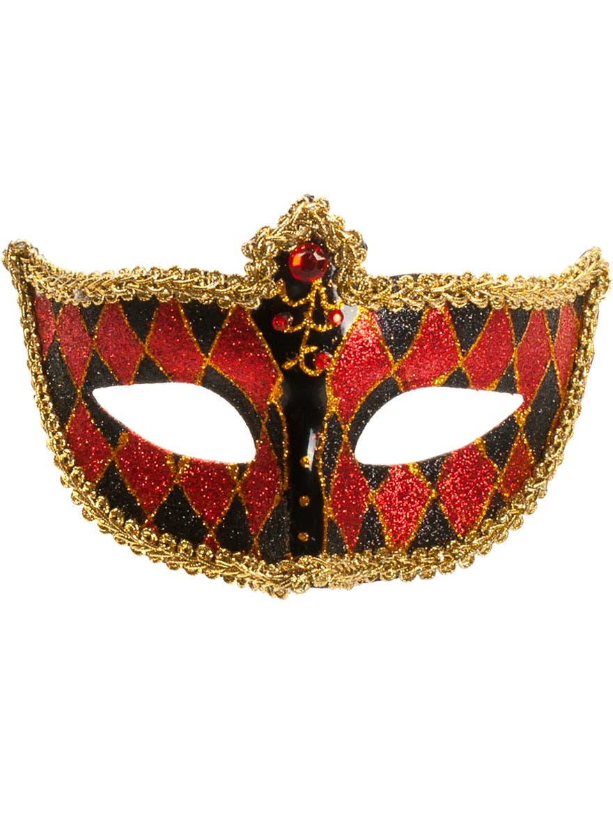 Black and Red Glitter Venetian Harlequin Masquerade Mask - View 2