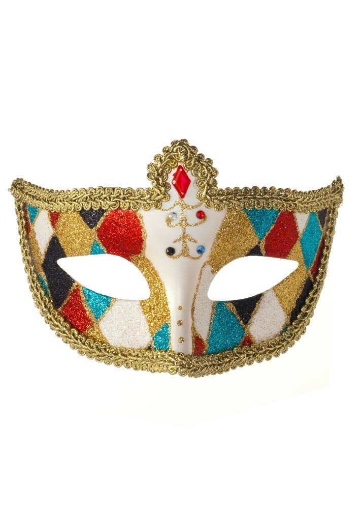 Colourful Glitter Venetian Harlequin Masquerade Mask with Gold Braid Trim - Alternate Image