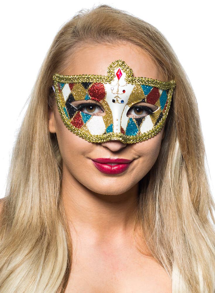 Colourful Glitter Venetian Harlequin Masquerade Mask with Gold Braid Trim - Main Image