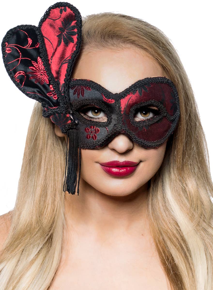 Women's Deluxe Red and Black Brocade Masquerade Mask Wiathout Feather 