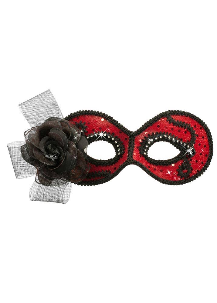 Red and Black Glittering Rose Masquerade Mask View 3