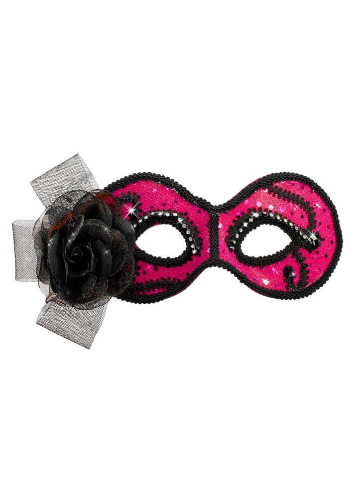 Hot Pink and Black Glittering Masquerade Mask View 3