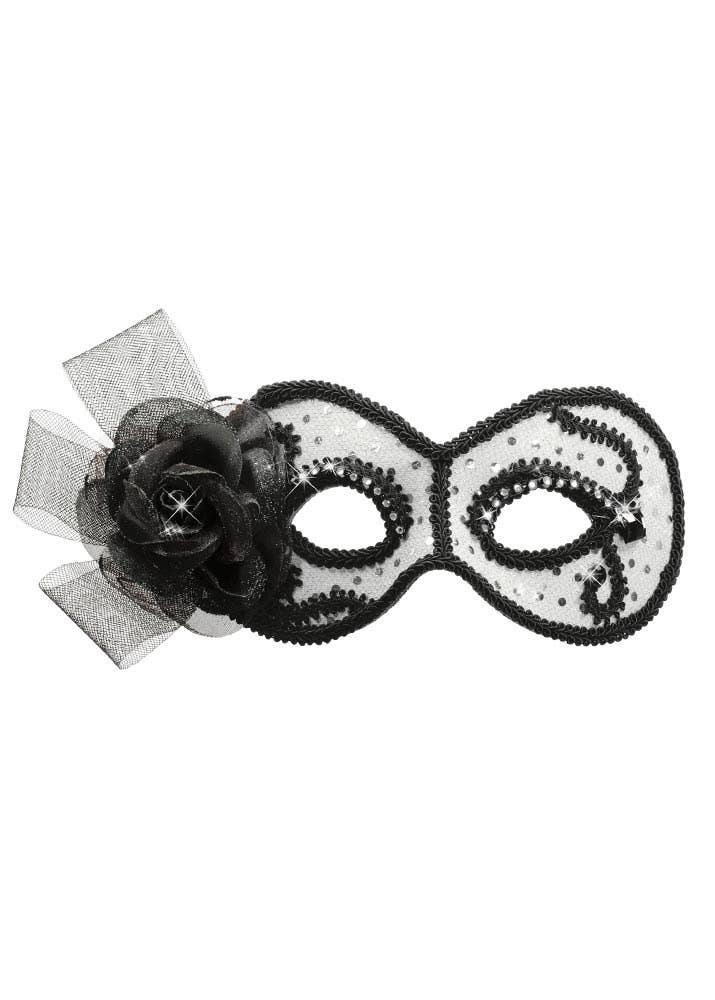 White, Black and Silver Glittering Rose Masquerade Mask View