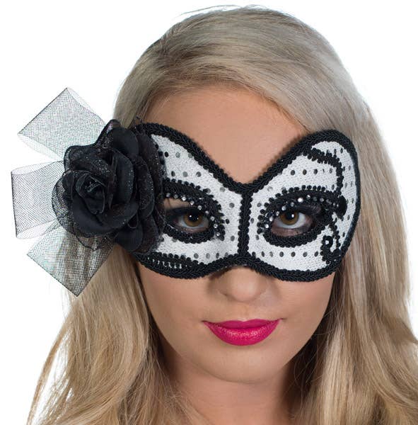 Glittering Senorita Silver and White Masquerade Mask Genuine Elevate Costumes Alternate Image