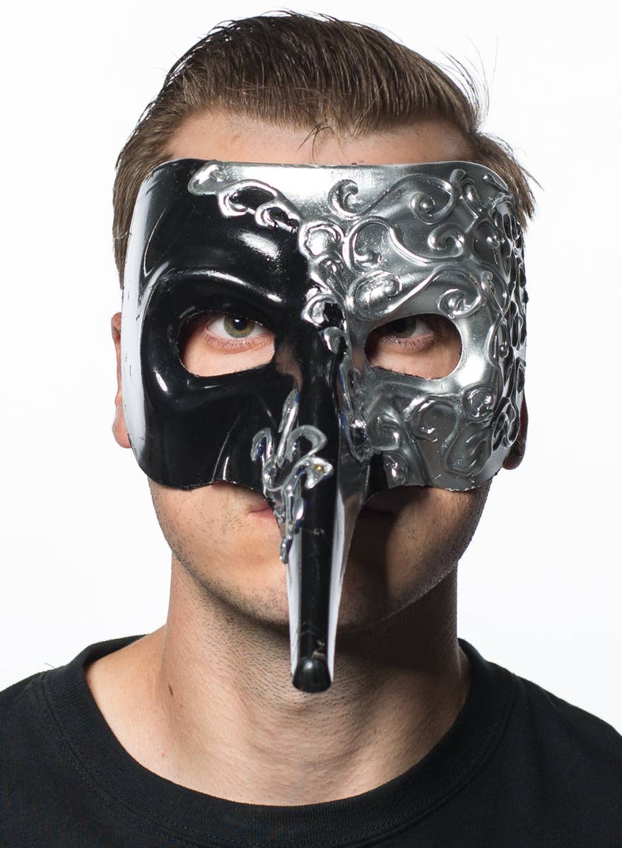 Black and Silver Men's Long Nose Venetian Masquerade Mask - View 2