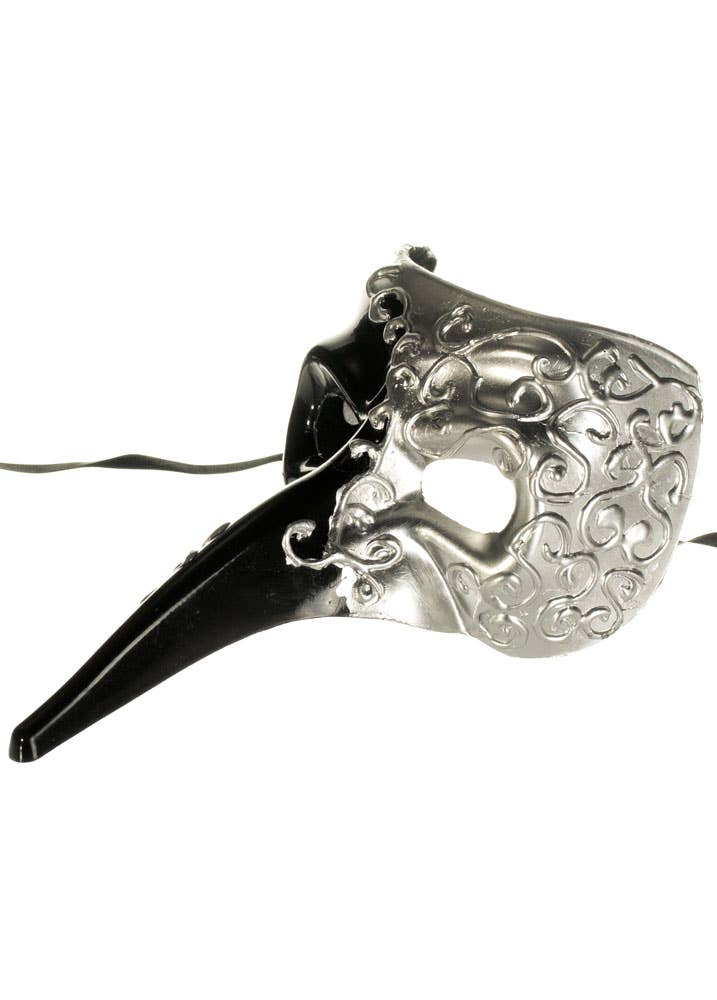 Black and Silver Men's Long Nose Venetian Masquerade Mask - View 3