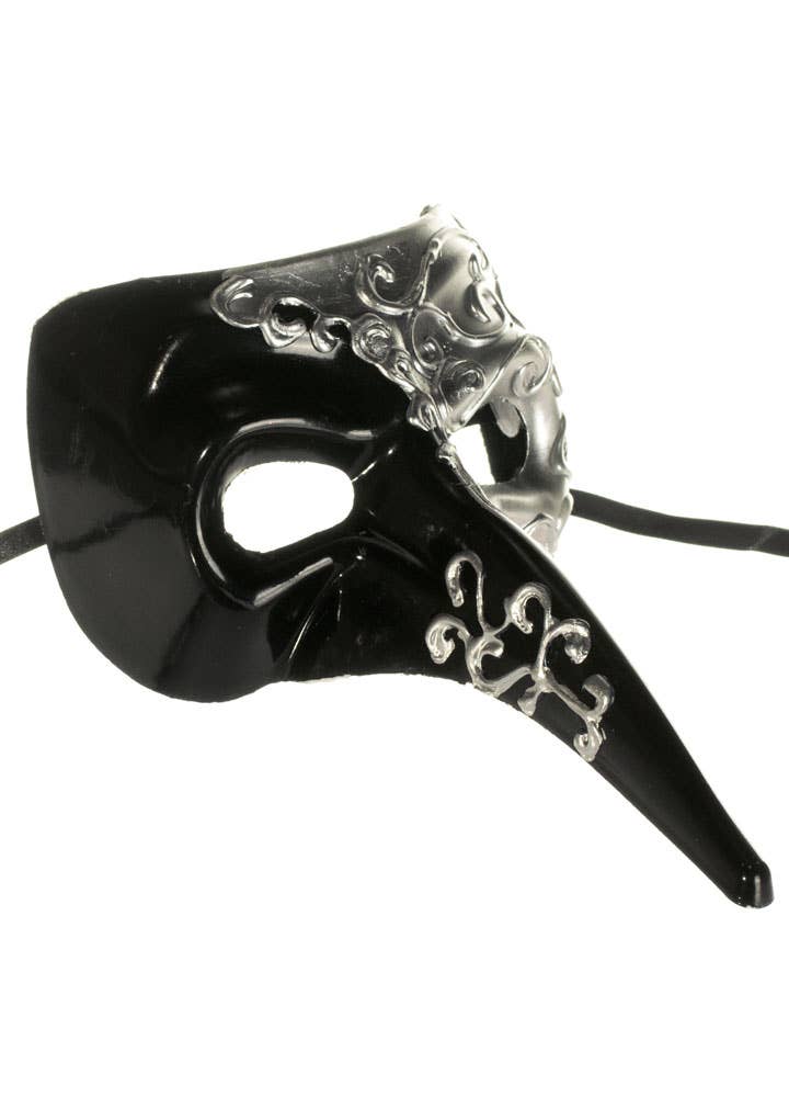 Black and Silver Men's Long Nose Venetian Masquerade Mask - View 4