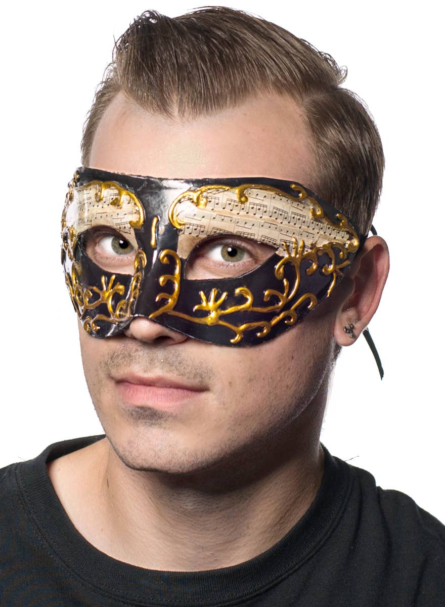 Men's Black And Gold Music Notes Masquerade Mask Alternate Image