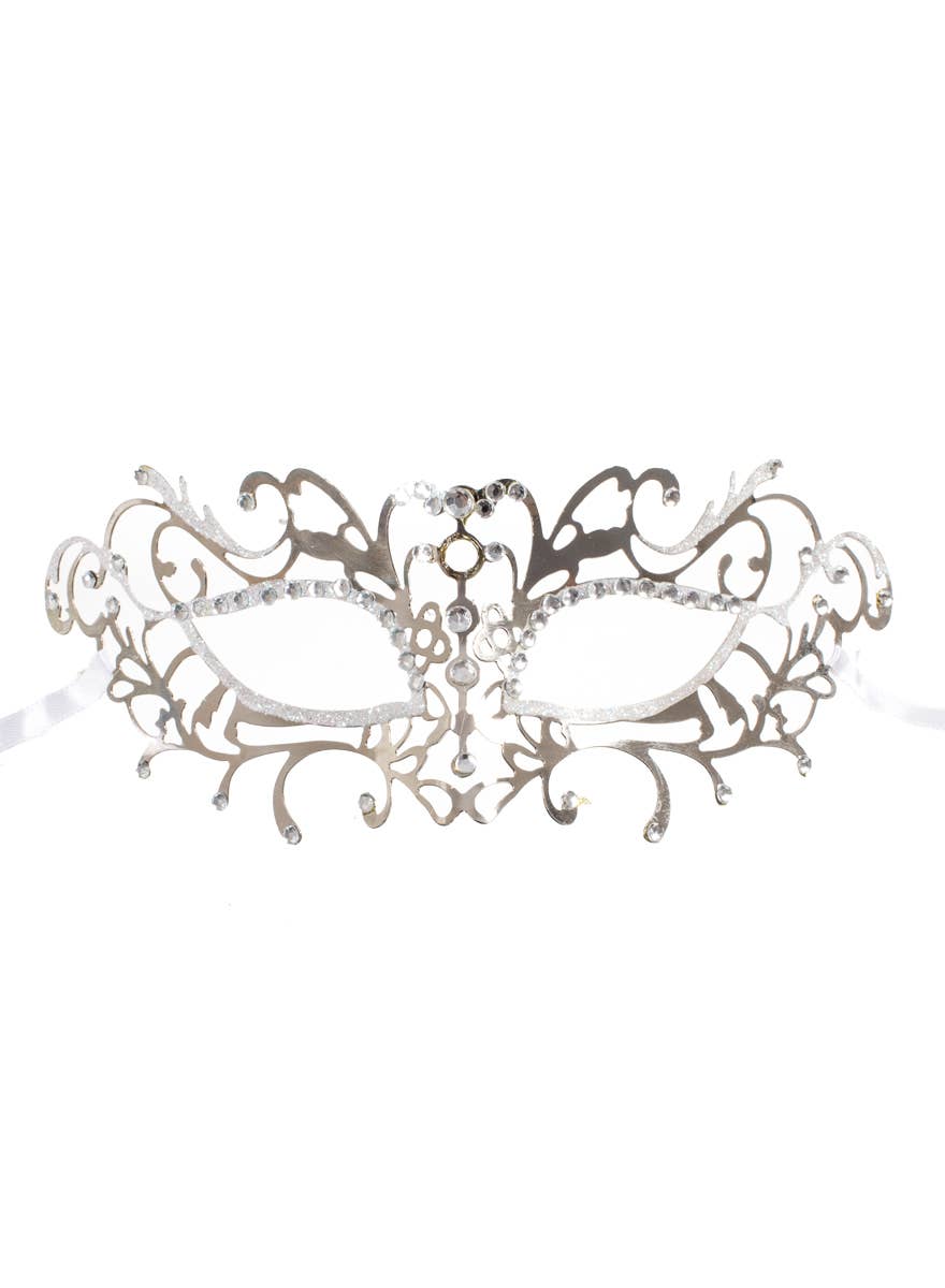 Women's Antique Face Mask Style Silver Metal Masquerade Mask with White Glitter - ALT Image 2