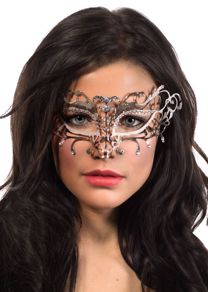 Women's Antique Face Mask Style Silver Metal Masquerade Mask with White Glitter - ALT Image