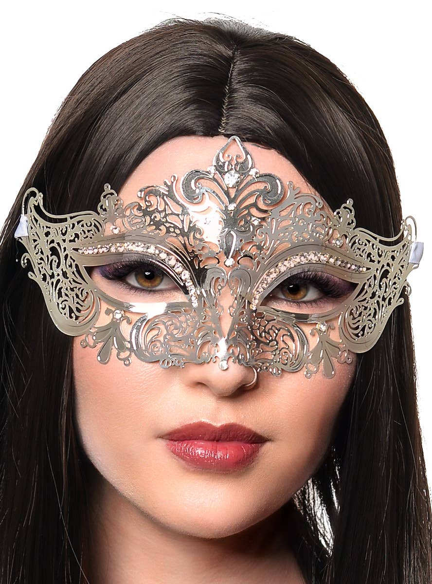 Women's Light Weight Silver Metal Masquerade Mask view 2