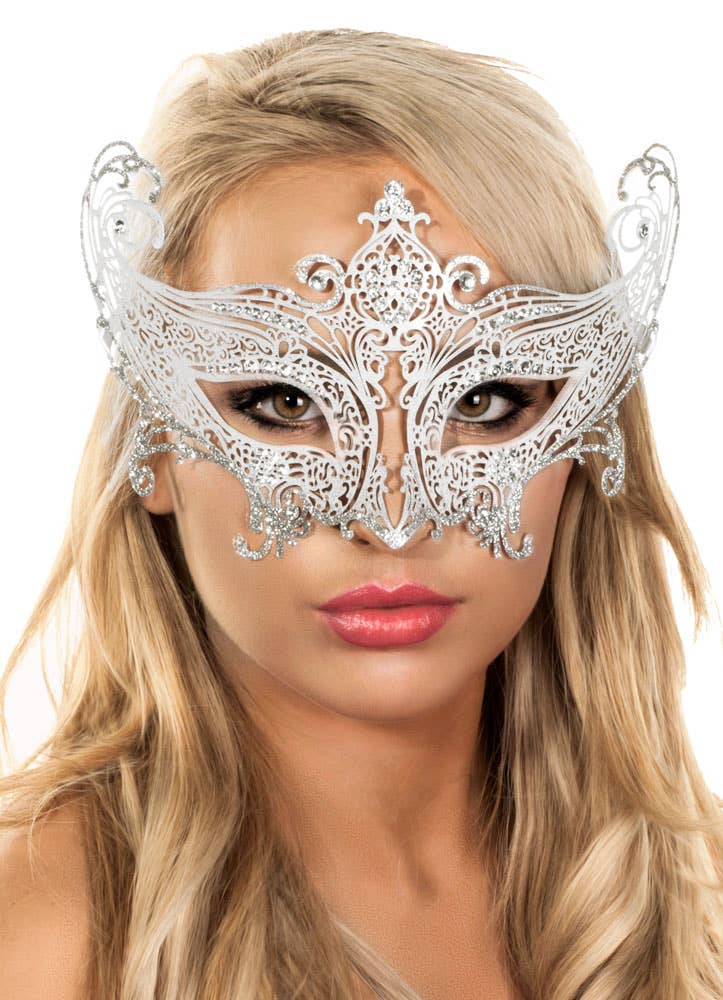 Divine Light Weight White Metal Mask with Silver Glitter and Rhinestones view 3