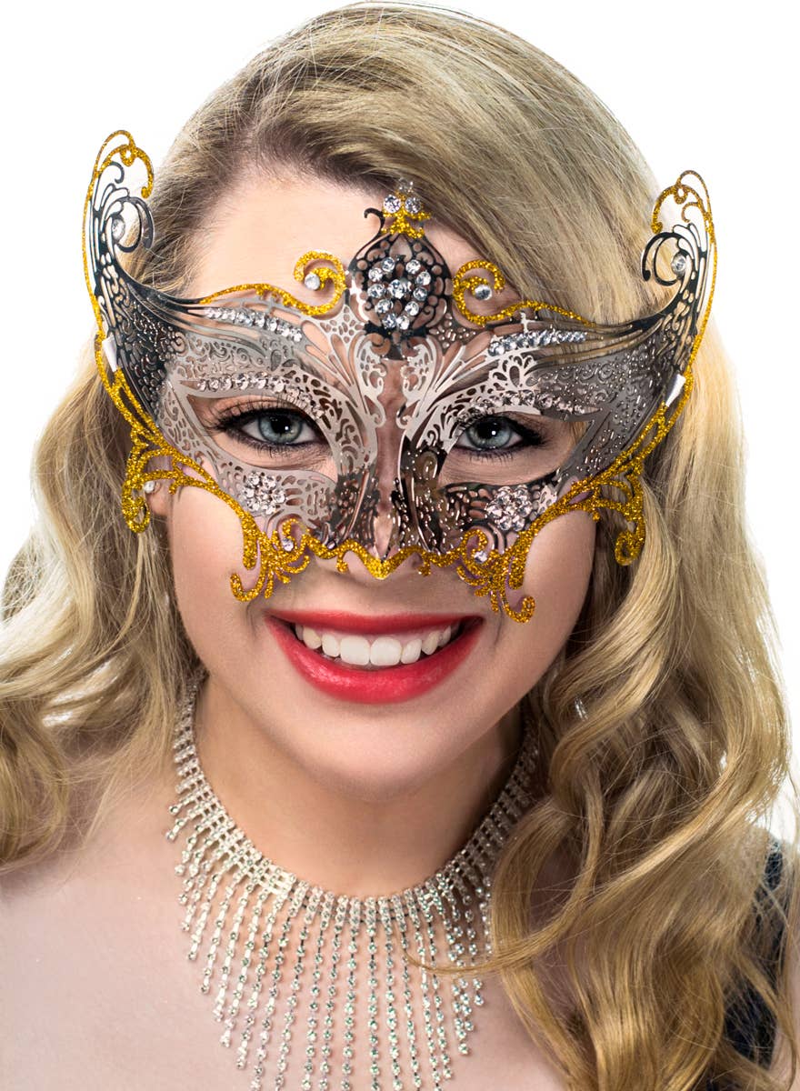 Deluxe Light Weight Laser Cut Metal Masquerade Mask in Silver and Gold View 1