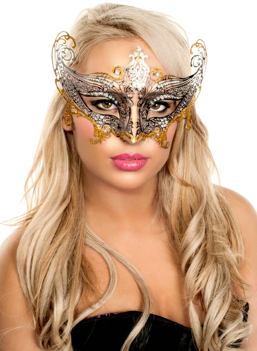 Deluxe Light Weight Laser Cut Metal Masquerade Mask in Silver and Gold View 3