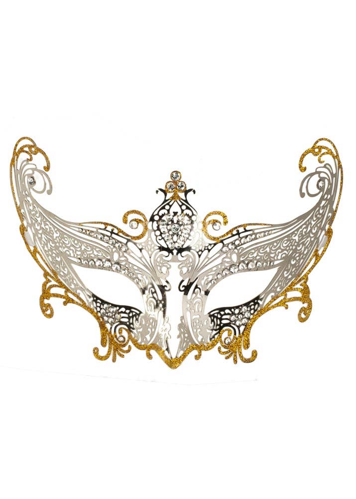 Deluxe Light Weight Laser Cut Metal Masquerade Mask in Silver and Gold View 3