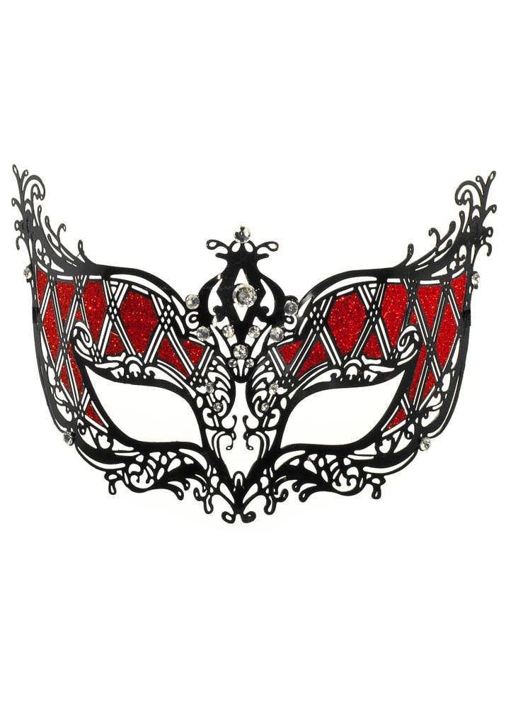 Women's Deluxe Harlequin Black and Red Metal Masquerade Mask View 2