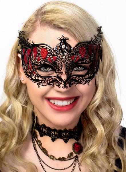 Women's Deluxe Harlequin Black and Red Metal Masquerade Mask View 1