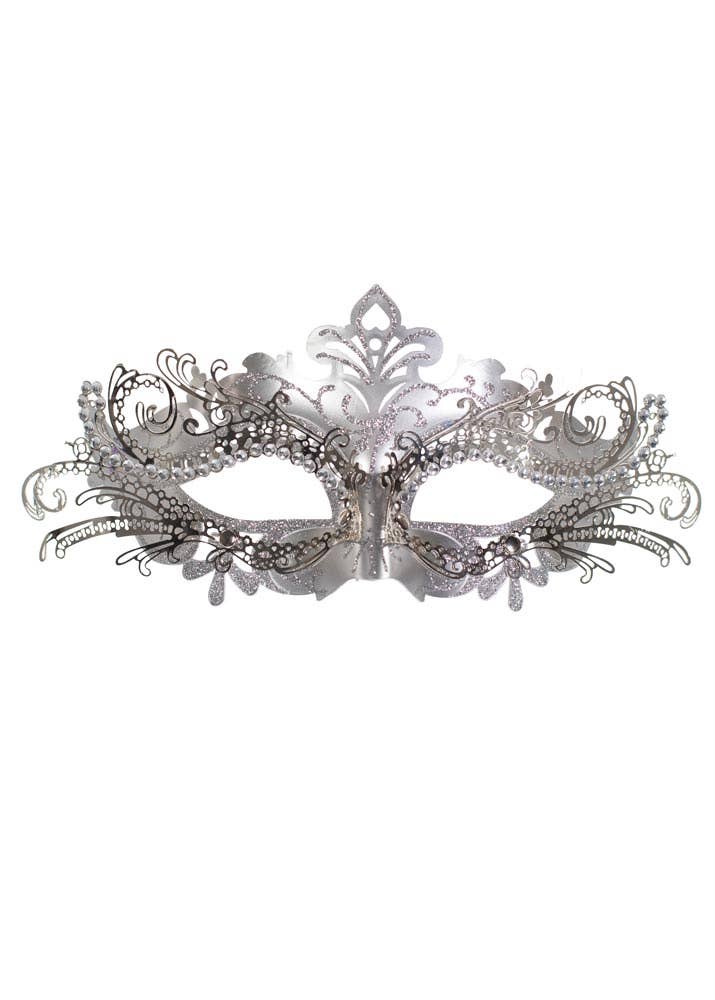 Silver Glitter Metal Masquerade Mask for Women - View 2