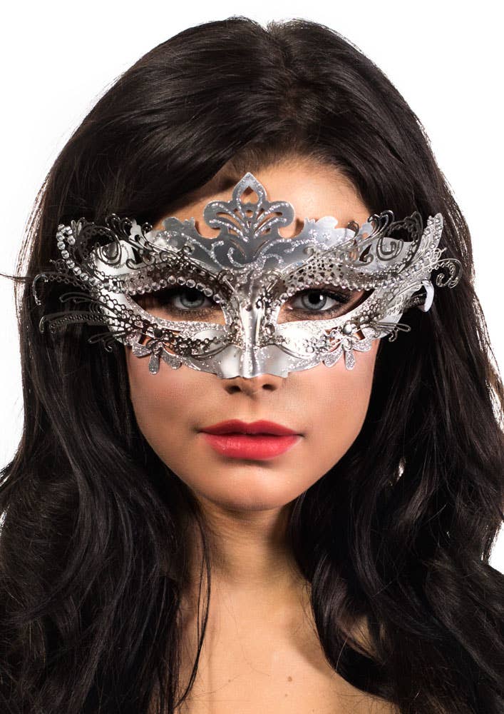 Metal Overlay Silver Glitter Masquerade Mask | Silver Masquerade Mask