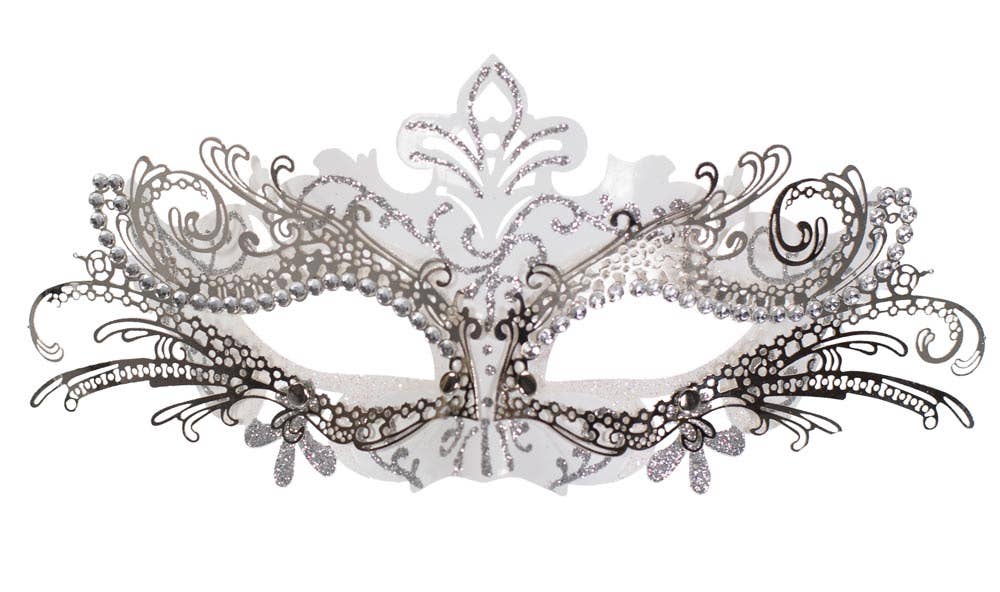 Women's White Cut Out Masquerade Costume Mask With Silver Metal Overlay Alternate Image