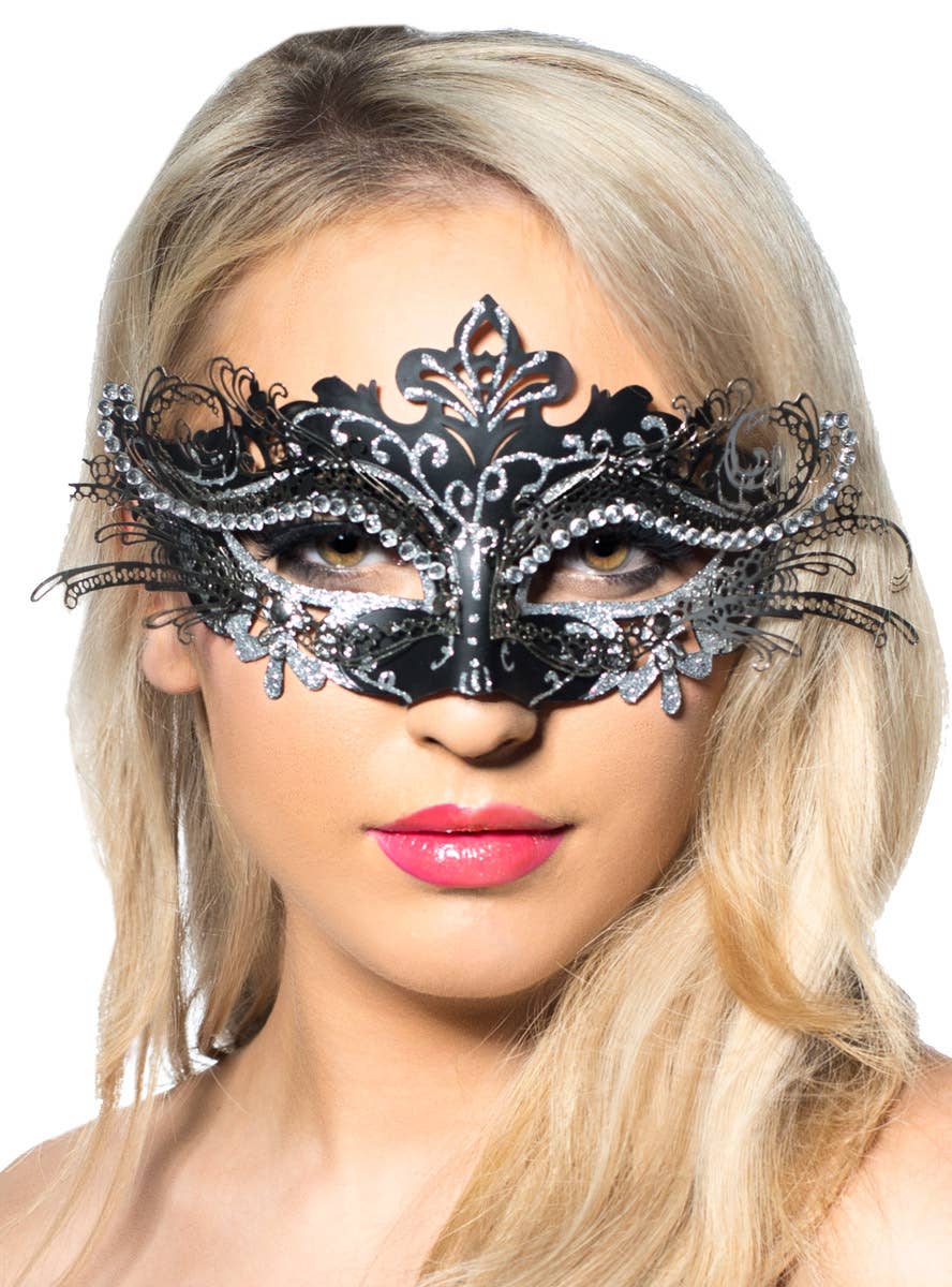 Womens Black Masquerade Mask with Silver Metal Overlay and Rhinestones