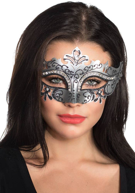 Silver Womens Cut Out Masquerade Mask with Rhinestones - Main Image