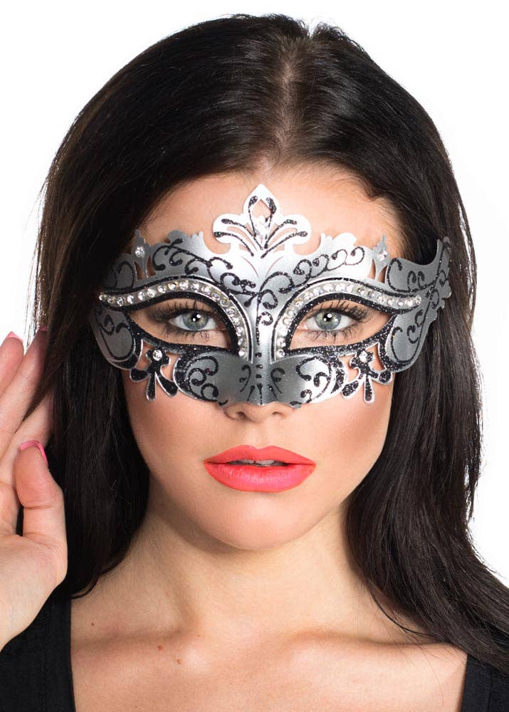 Silver Womens Cut Out Masquerade Mask with Rhinestones - Alt Image