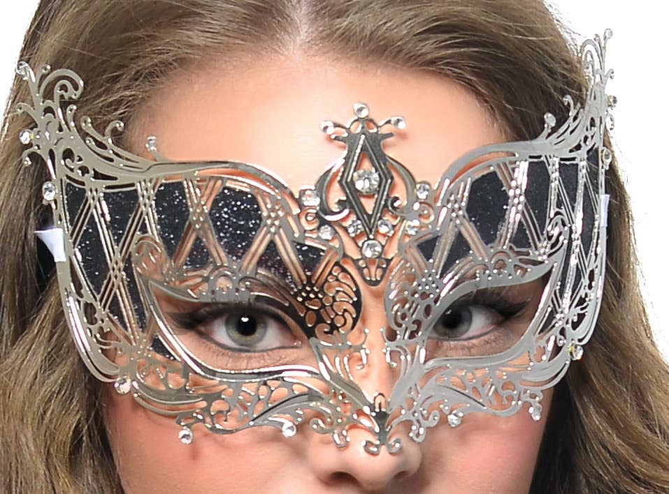 Silver Laser Cut Lightweight Metal Masquerade Mask with Black Glitter Close Up Image