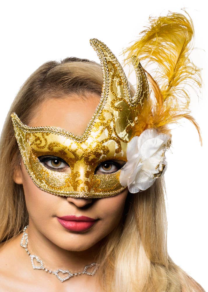 Cracked Gold Painted Women's Luxury Masquerade Mask with a Side Flower and Feathers