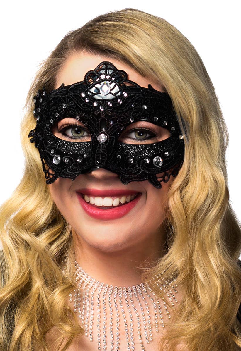 Black Lace Overlay Masquerade Mask with Glitter and Jewels Alternate